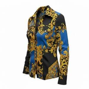 Vintage Caché 95% Silk Baroque Print Button Down Long Sleeve Blouse Size Small